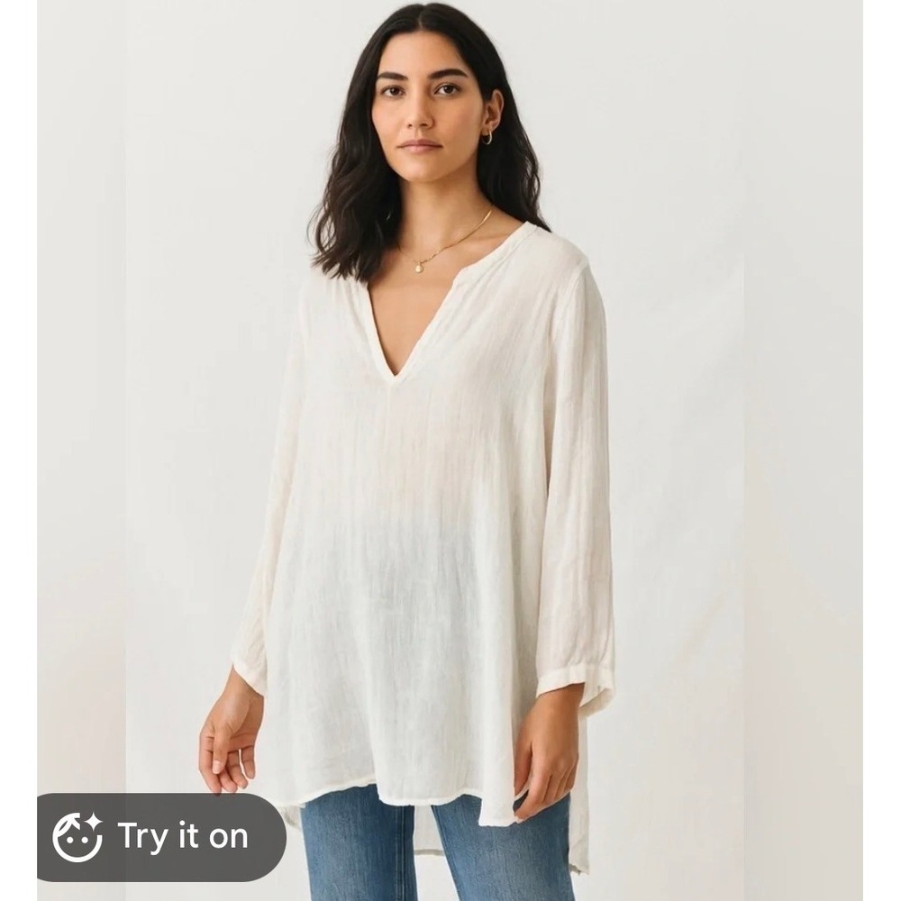 Eileen Fisher Shirt Top Womens Large White Organic Linen Gauze Minimalist